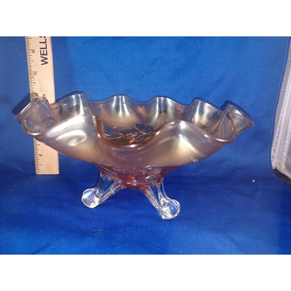 DUGAN CARNIVAL GLASS THREE TOED CHERRY PATTERN BOWL, MARIGOLD